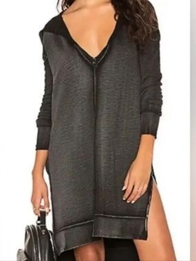 Free People Queen Of Hearts Black V-Neck Long Sleeve Hooded Sweater Dress